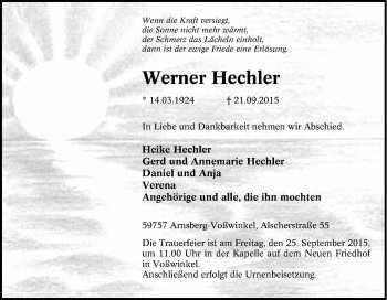 Traueranzeige von Werner Hechler von Tageszeitung