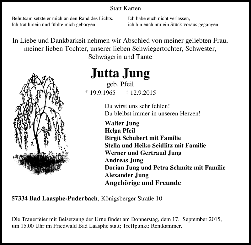  Traueranzeige für Jutta Jung vom 14.09.2015 aus Tageszeitung