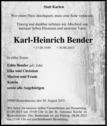 Traueranzeige von Karl-Heinrich Bender von Tageszeitung