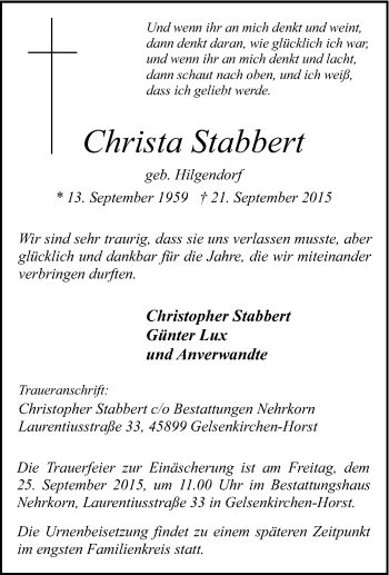 Traueranzeige von Christa Stabbert von Tageszeitung