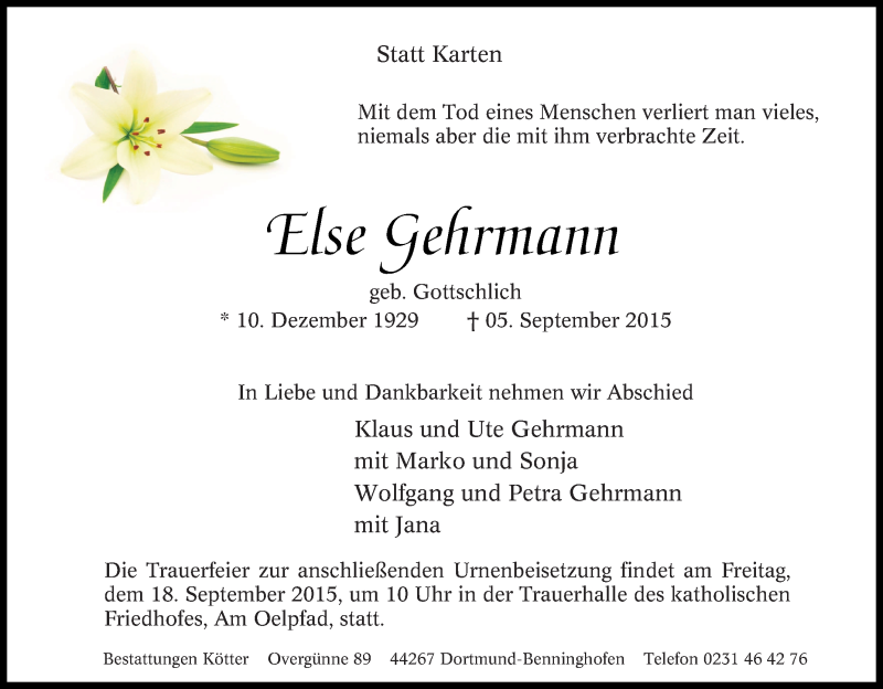  Traueranzeige für Else Gehrmann vom 12.09.2015 aus Tageszeitung