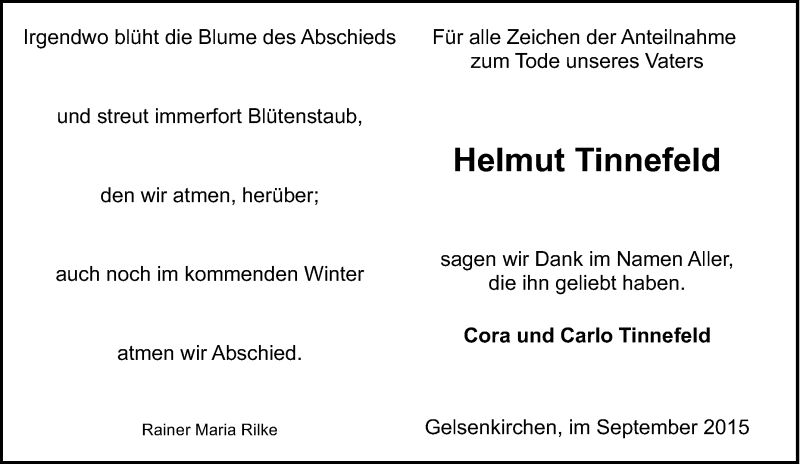  Traueranzeige für Helmut Tinnefeld vom 26.09.2015 aus Tageszeitung