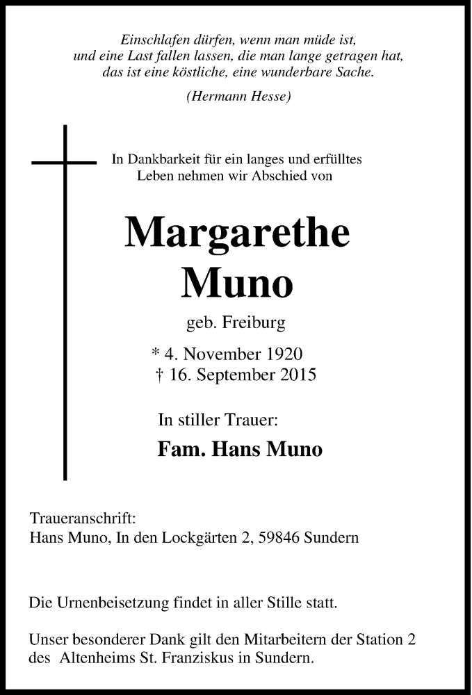 Traueranzeige für Margarethe Muno vom 18.09.2015 aus Tageszeitung