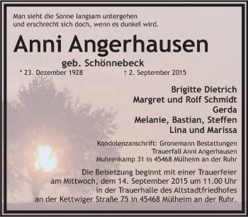 Traueranzeige von Anni Angerhausen von Tageszeitung