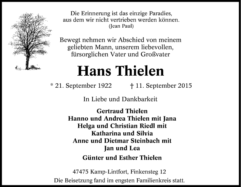  Traueranzeige für Hans Thielen vom 19.09.2015 aus Tageszeitung