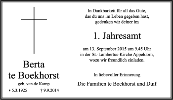 Traueranzeige von Berta te Boekhorst von Tageszeitung
