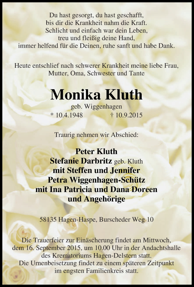  Traueranzeige für Monika Kluth vom 12.09.2015 aus Tageszeitung