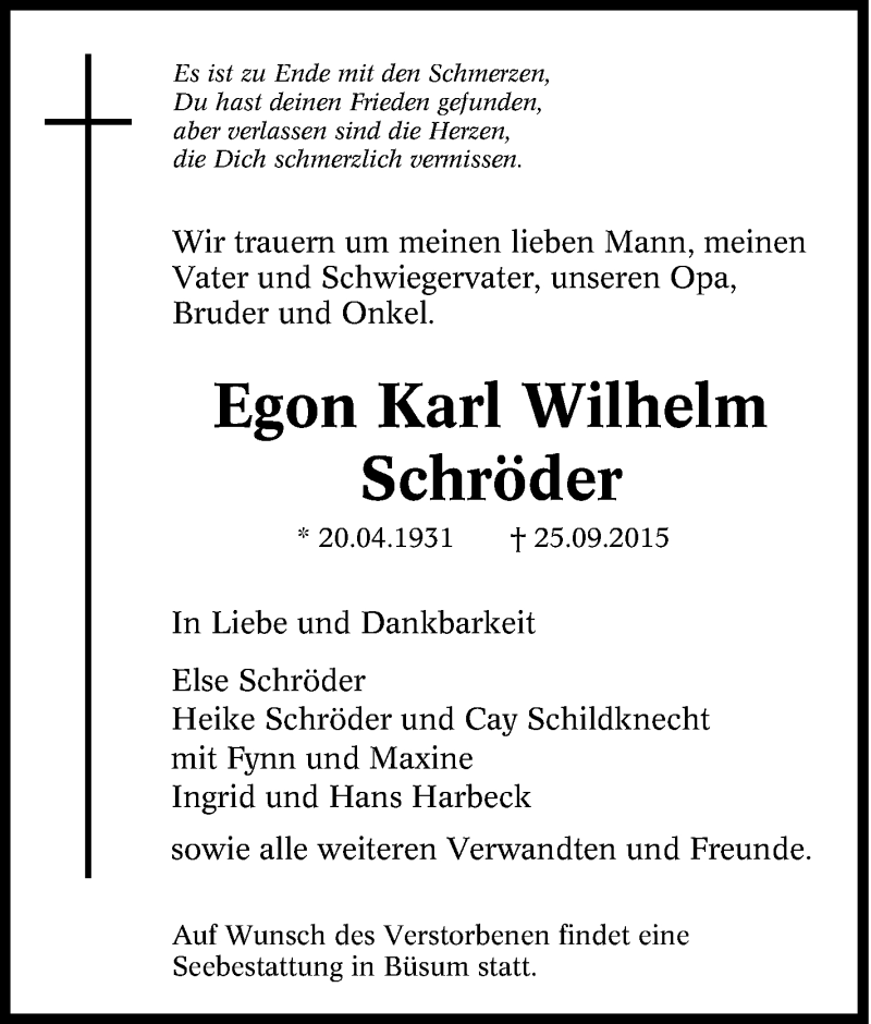  Traueranzeige für Egon Karl Wilhelm Schröder vom 28.09.2015 aus Tageszeitung