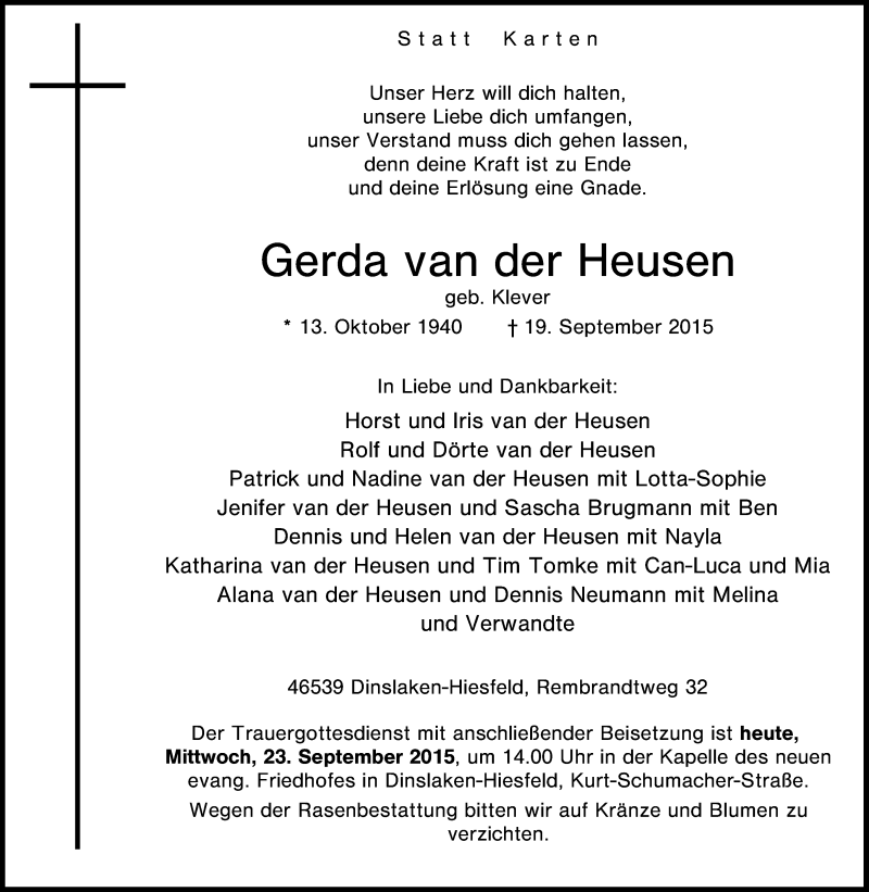  Traueranzeige für Gerda van der Heusen vom 23.09.2015 aus Tageszeitung