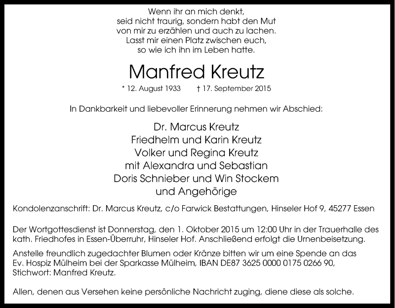  Traueranzeige für Manfred Kreutz vom 26.09.2015 aus Tageszeitung