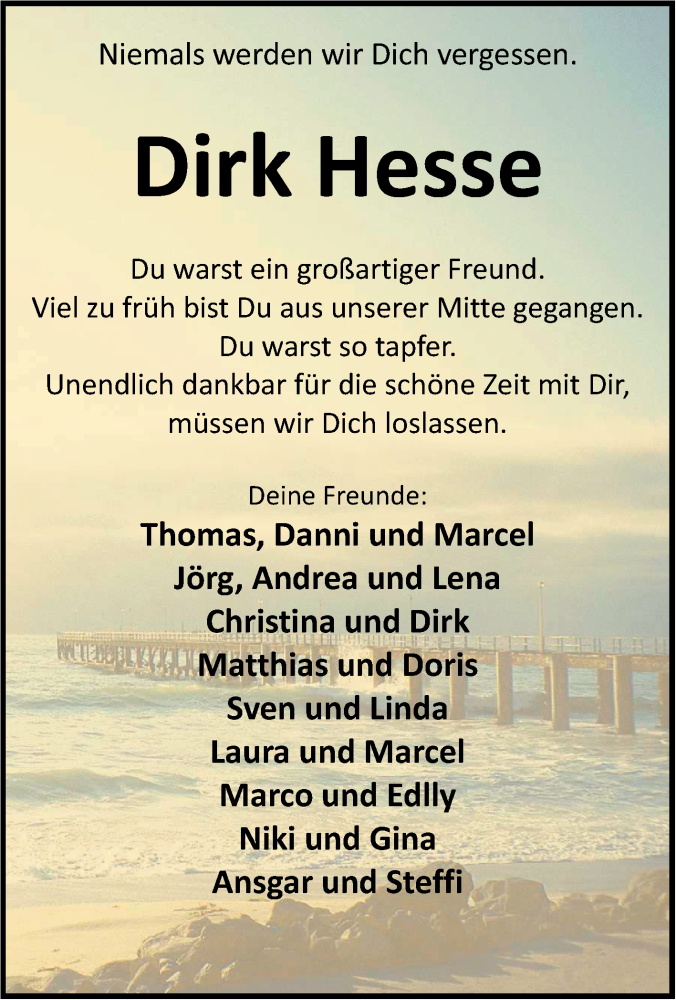  Traueranzeige für Dirk Hesse vom 22.09.2015 aus Tageszeitung