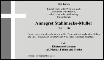Traueranzeige von Annegret Stahlmecke-Müller von Tageszeitung