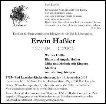Traueranzeige von Erwin Haßler von Tageszeitung
