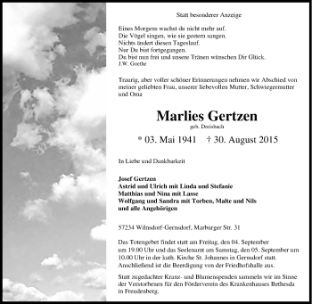 Traueranzeige von Marlies Gertzen von Tageszeitung