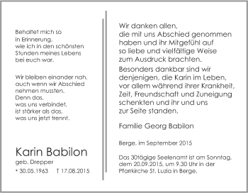 Traueranzeige von Karin Babilon von Tageszeitung
