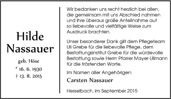 Traueranzeige von Hilde Nassauer von Tageszeitung