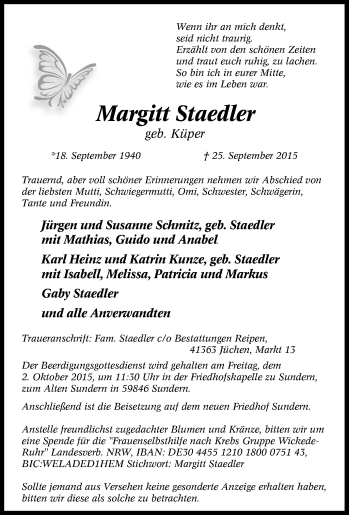 Traueranzeige von Margitt Staedler von Tageszeitung