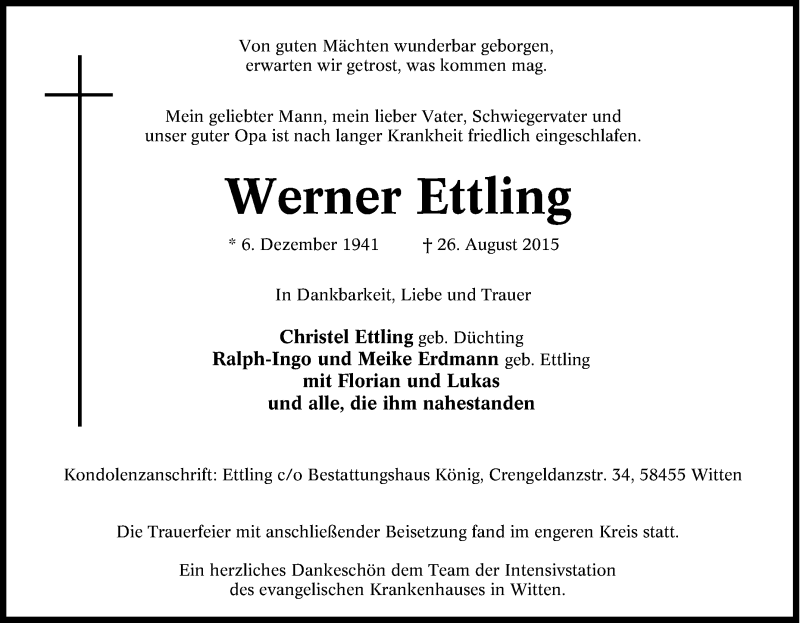  Traueranzeige für Werner Ettling vom 03.09.2015 aus Tageszeitung