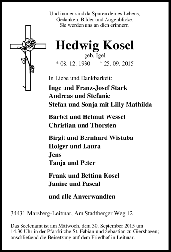 Traueranzeige von Hedwig Kosel von Tageszeitung