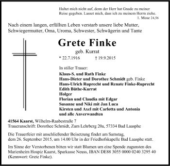 Traueranzeige von Grete Finke von Tageszeitung