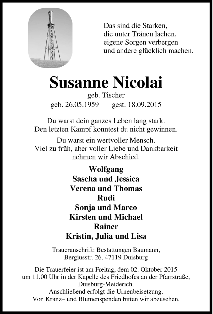  Traueranzeige für Susanne Nicolai vom 26.09.2015 aus Tageszeitung