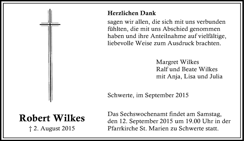  Traueranzeige für Robert Wilkes vom 02.09.2015 aus Tageszeitung