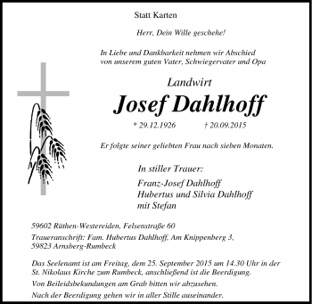 Traueranzeige von Josef Dahlhoff von Tageszeitung