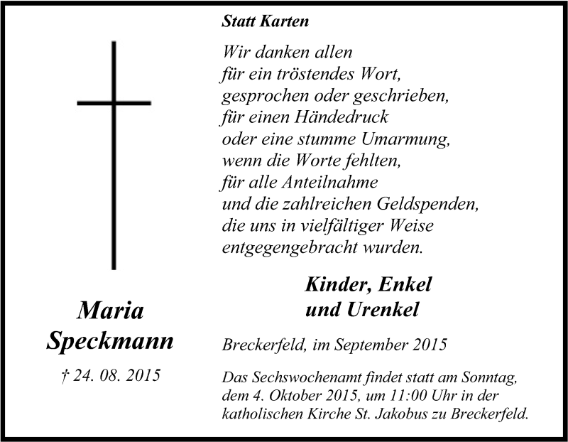  Traueranzeige für Maria Speckmann vom 30.09.2015 aus Tageszeitung