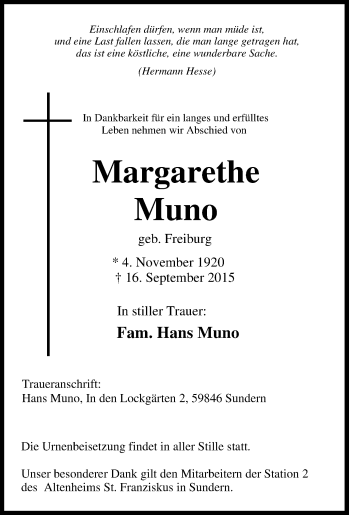 Traueranzeige von Margarethe Muno von Tageszeitung