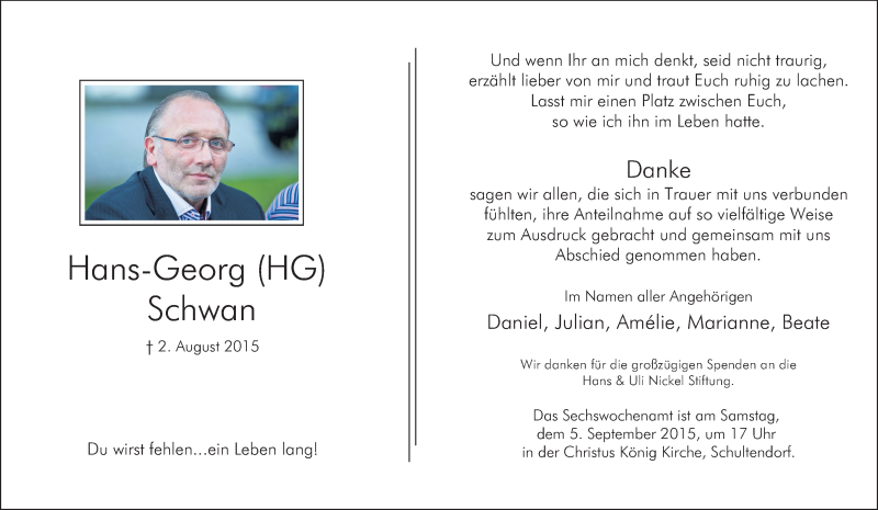  Traueranzeige für Hans-Georg Schwan vom 02.09.2015 aus Tageszeitung