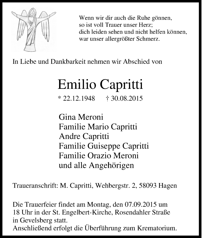  Traueranzeige für Emilio Capritti vom 02.09.2015 aus Tageszeitung
