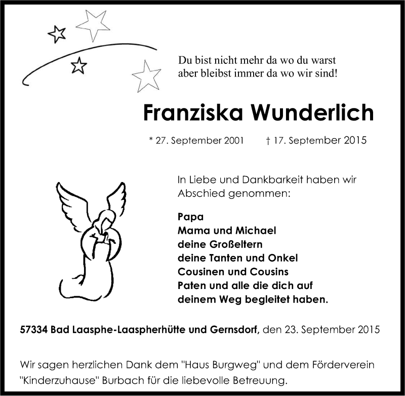  Traueranzeige für Franziska Wunderlich vom 23.09.2015 aus Tageszeitung