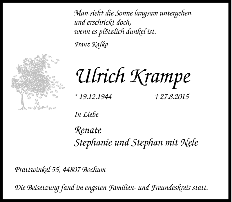  Traueranzeige für Ulrich Krampe vom 05.09.2015 aus Tageszeitung