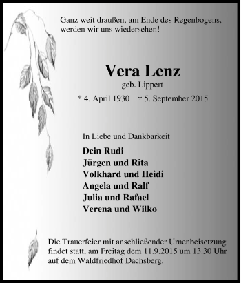 Traueranzeige von Vera Lenz von Tageszeitung