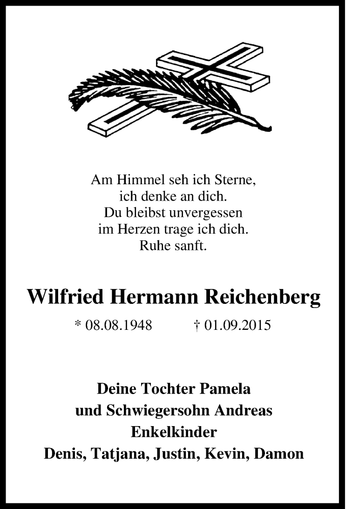  Traueranzeige für Wilfried Hermann Reichenberg vom 12.09.2015 aus Tageszeitung