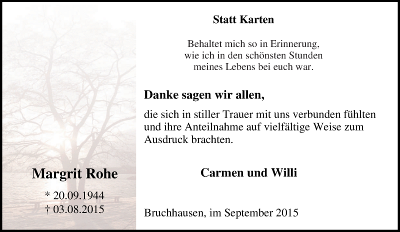  Traueranzeige für Margrit Rohe vom 21.09.2015 aus Tageszeitung