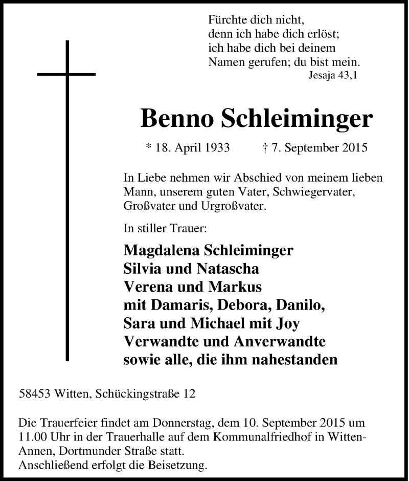  Traueranzeige für Benno Schleiminger vom 09.09.2015 aus Tageszeitung