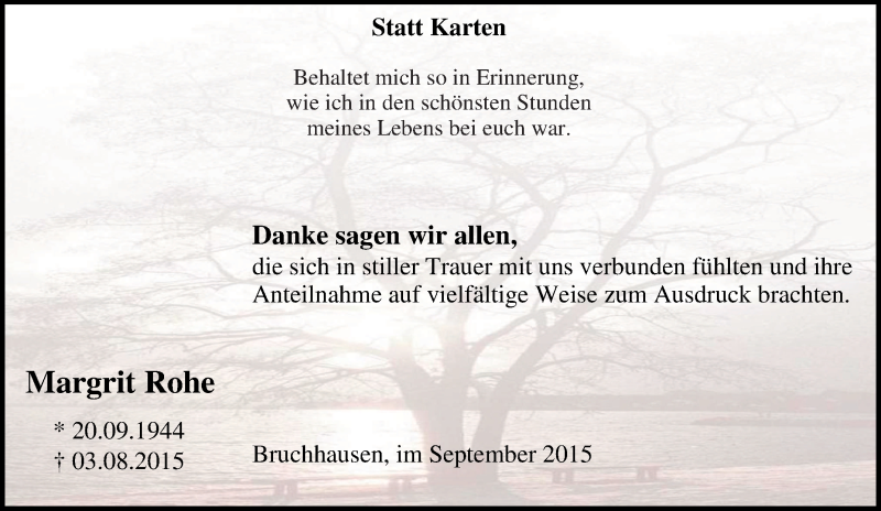  Traueranzeige für Margrit Rohe vom 19.09.2015 aus Tageszeitung