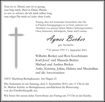 Traueranzeige von Agnes Becker von Tageszeitung