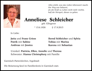Traueranzeige von Anneliese Schleicher von Tageszeitung