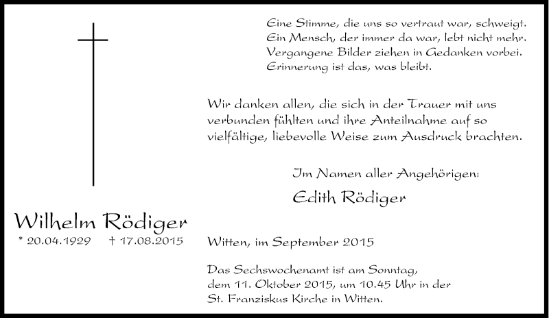  Traueranzeige für Wilhelm Rödiger vom 19.09.2015 aus Tageszeitung