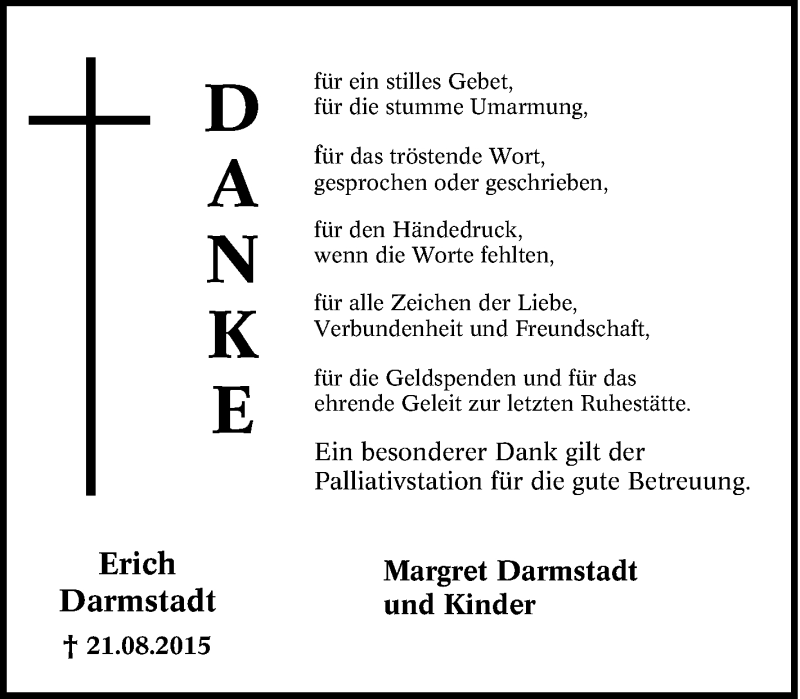  Traueranzeige für Erich Darmstadt vom 26.09.2015 aus Tageszeitung