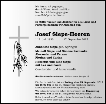 Traueranzeige von Josef Siepe-Heeren von Tageszeitung