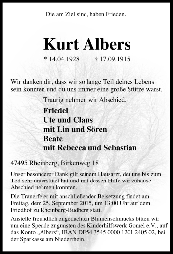 Traueranzeige von Kurt Albers von Tageszeitung