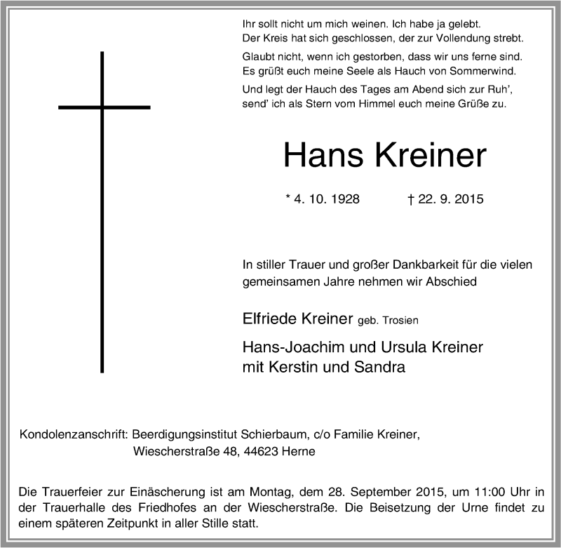  Traueranzeige für Hans Kreiner vom 25.09.2015 aus Tageszeitung