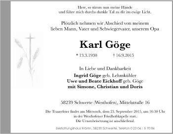 Traueranzeige von Karl Göge von Tageszeitung