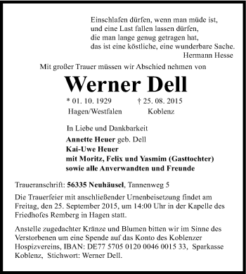 Traueranzeige von Werner Dell von Tageszeitung