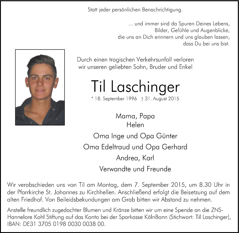  Traueranzeige für Til Laschinger vom 04.09.2015 aus Tageszeitung