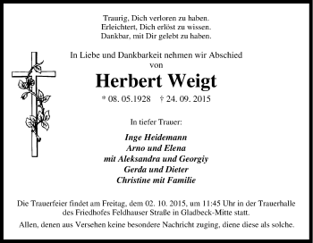 Traueranzeige von Herbert Weigt von Tageszeitung