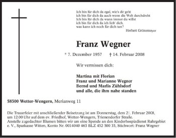 Traueranzeige von Franz Wegner von Tageszeitung